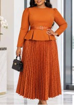 Women’s Plus Size Orange Long Sleeve Round Neck Slim Waist Ruffle Top Polka Dot Pleated Skirt Set Women’s Plus Size Orange Long Sleeve Round Neck Slim Waist Ruffle Top Polka Dot Pleated Skirt Set