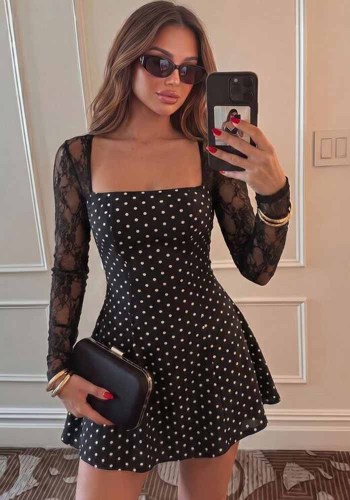 Women’s Polka Dot Lace Long Sleeve Slim Waist A Line Mini Dress