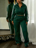 Women’s Fall Winter Turndown Collar Zip Long Sleeve Top Wide Leg Pants Two Piece Set