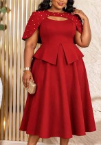 Women’s Plus Size Red Beaded Cape Slim Waist Flared Maxi Formal Party Dress Two Piece Set