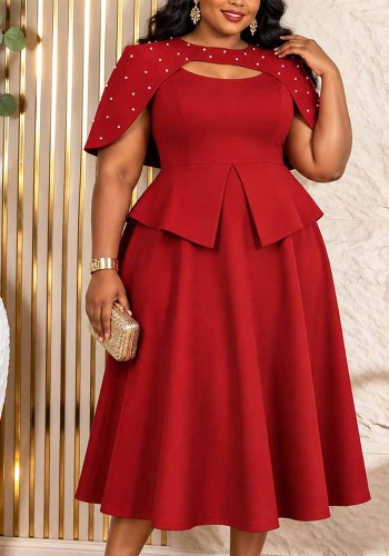 Women’s Plus Size Red Beaded Cape Slim Waist Flared Maxi Formal Party Dress Two Piece Set