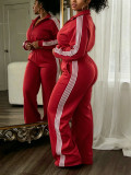 Women’s Fall Winter Turndown Collar Zip Long Sleeve Top Wide Leg Pants Two Piece Set