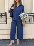 Women’s Summer Loose Shirt and Wide Leg Pants Casual Career Two Piece Set