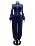 Women’s Fall Winter High Neck Zip Adjustable Wide Leg Jumpsuit