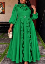 Women’s Plus Size Chiffon Stand Collar Lantern Sleeve Slim Waist Flared Maxi Formal Party Dress