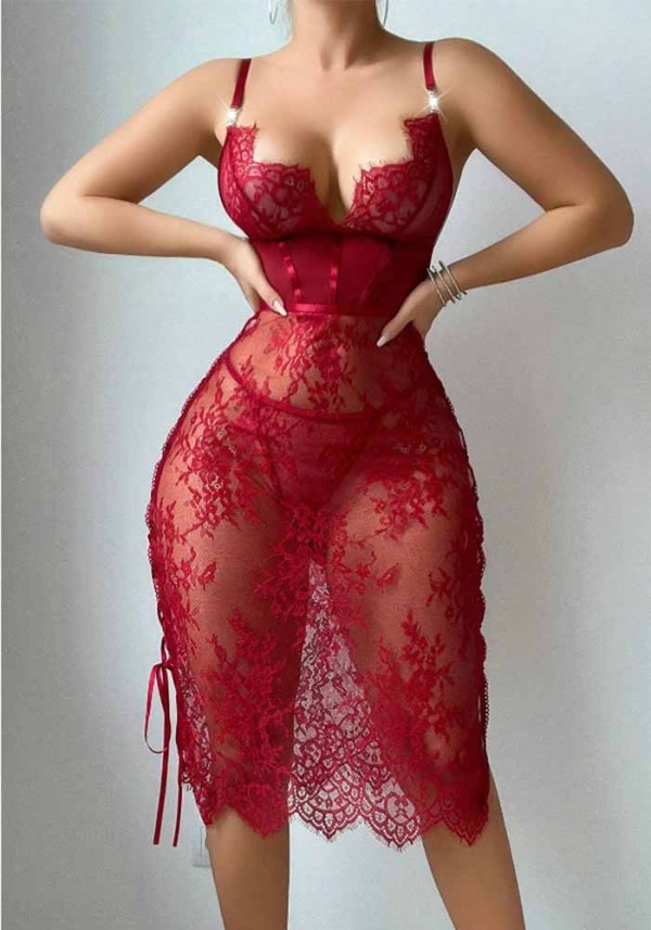 Women’s Sexy Red Lace Up Strap Bodycon Dress Lingerie