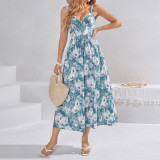 Women’s Summer Sexy Floral Print Strap Low Back Casual Midi Dress