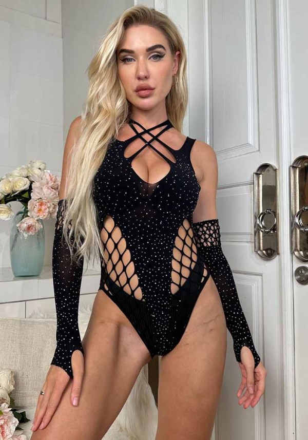 Women’s Beaded Halter Neck Criss Cross Cutout Sleeve Fishnet Bodysuit Lingerie