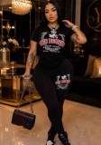 Women’s Fashion Casual Printed Short Sleeve T Shirt and High Waist Pants Two Piece Set