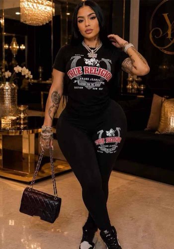 Women’s Fashion Casual Printed Short Sleeve T Shirt and High Waist Pants Two Piece Set
