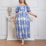 Women’s Summer Blue White Floral Print Off Shoulder Puff Sleeve Slim Waist Holiday Maxi Dress