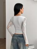 Women’s Summer Sexy Lace Patchwork Long Sleeve Square Neck Slim Fit Basic Top