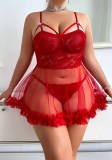 Women’s Valentine’s Day Red Lace Mesh See Through Strap Dress and Thong Two Piece Lingerie Set