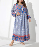 Women’s Bohemian Geometric Floral Print Long Sleeve Loose Maxi Dress