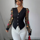Women’s Black V Neck Mesh Floral Embroidered Long Sleeve Puff Sleeve Slim Waist Shirt