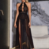 Women’s Sexy Halter Neck Mesh Cutout Slit Maxi Dress Lingerie