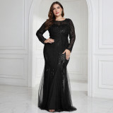 Women’s Plus Size Round Neck Long Sleeve Slim Fit Mermaid Bridesmaid Formal Party Dress