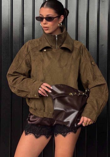 Women’s Fall Winter Trendy Suede Double Turndown Collar Jacket
