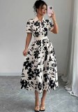 Women’s Career Black White Print Turndown Collar Shirt Dress with Belt