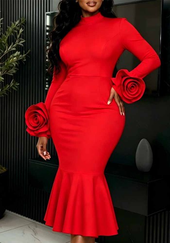Women’s Fall Round Neck Long Sleeve Floral Sleeve Slim Waist Mermaid Party Dress
