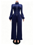 Women’s Fall Winter High Neck Zip Adjustable Wide Leg Jumpsuit