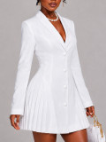 Women’s Fall Winter Turndown Collar Button Pleated A Line Mini Dress