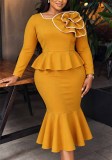 Women’s Fall Lace Trim Slim Waist Peplum Bodycon Mermaid Formal Party Dress