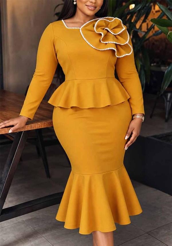 Women’s Fall Lace Trim Slim Waist Peplum Bodycon Mermaid Formal Party Dress