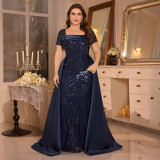 Women’s Plus Size Elegant Square Neck Pleated Sequin Formal Party Maxi Dress