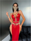 Women’s Sexy Patent Leather Mesh Slit Maxi Nightdress Lingerie Set