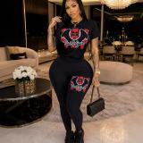 Women’s Fashion Casual Printed Short Sleeve T Shirt and High Waist Pants Two Piece Set