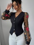 Women’s Black V Neck Mesh Floral Embroidered Long Sleeve Puff Sleeve Slim Waist Shirt
