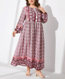 Women’s Bohemian Geometric Floral Print Long Sleeve Loose Maxi Dress