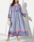 Women’s Bohemian Geometric Floral Print Long Sleeve Loose Maxi Dress