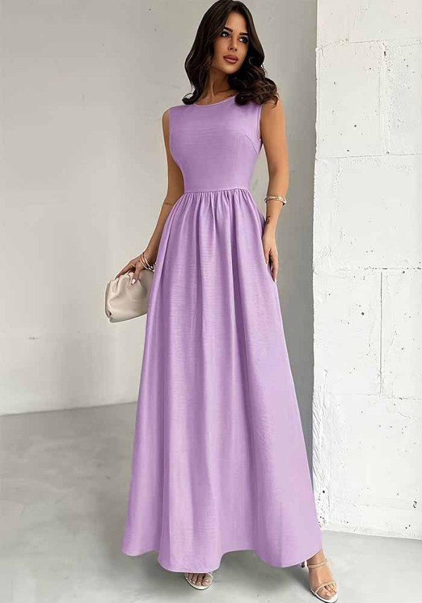 Women’s Light Purple Sleeveless High Waist Pleated Textured A Line Maxi Dress