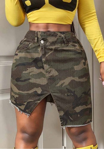 Women’s Summer Camo Print Raw Hem Asymmetrical Denim Skirt