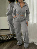 Women’s Fall Winter Turndown Collar Zip Long Sleeve Top Wide Leg Pants Two Piece Set