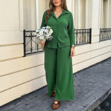 Women’s Summer Loose Shirt and Wide Leg Pants Casual Career Two Piece Set