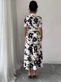 Women’s Career Black White Print Turndown Collar Shirt Dress with Belt