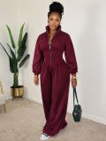 Women’s Fall Winter High Neck Zip Adjustable Wide Leg Jumpsuit