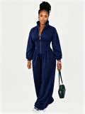 Women’s Fall Winter High Neck Zip Adjustable Wide Leg Jumpsuit