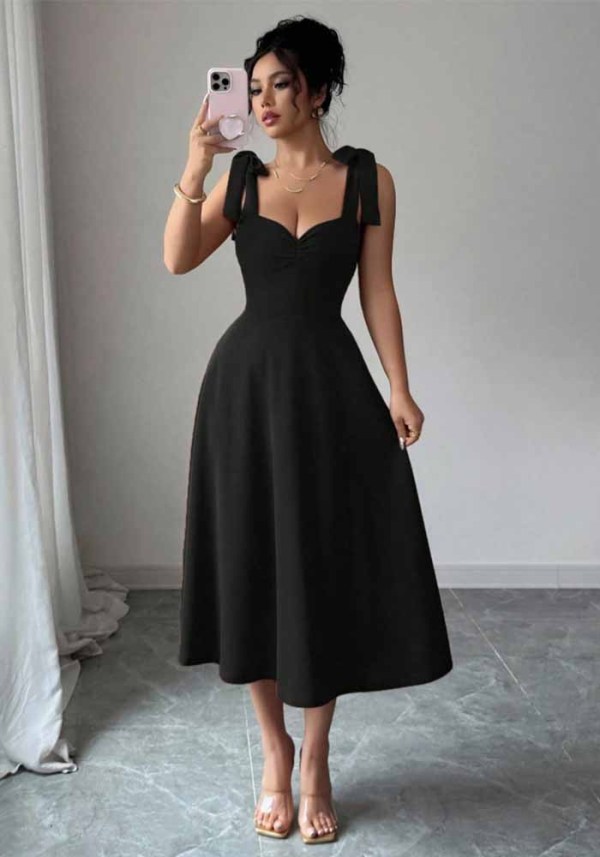 Women’s Elegant Black Sweetheart Neck Bow Strap Formal Party Midi Dress