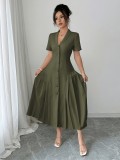 Women’s Career Olive Green V Neck Short Sleeve Single Breasted Pleated Maxi Dress