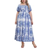 Women’s Summer Blue White Floral Print Off Shoulder Puff Sleeve Slim Waist Holiday Maxi Dress