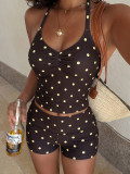 Women’s Halter Neck Striped Polka Dot Plaid Tank Top and Shorts Two Piece Swimsuit