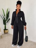 Women’s Fall Winter High Neck Zip Adjustable Wide Leg Jumpsuit