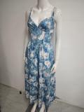 Women’s Summer Sexy Floral Print Strap Low Back Casual Midi Dress