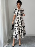 Women’s Career Black White Print Turndown Collar Shirt Dress with Belt