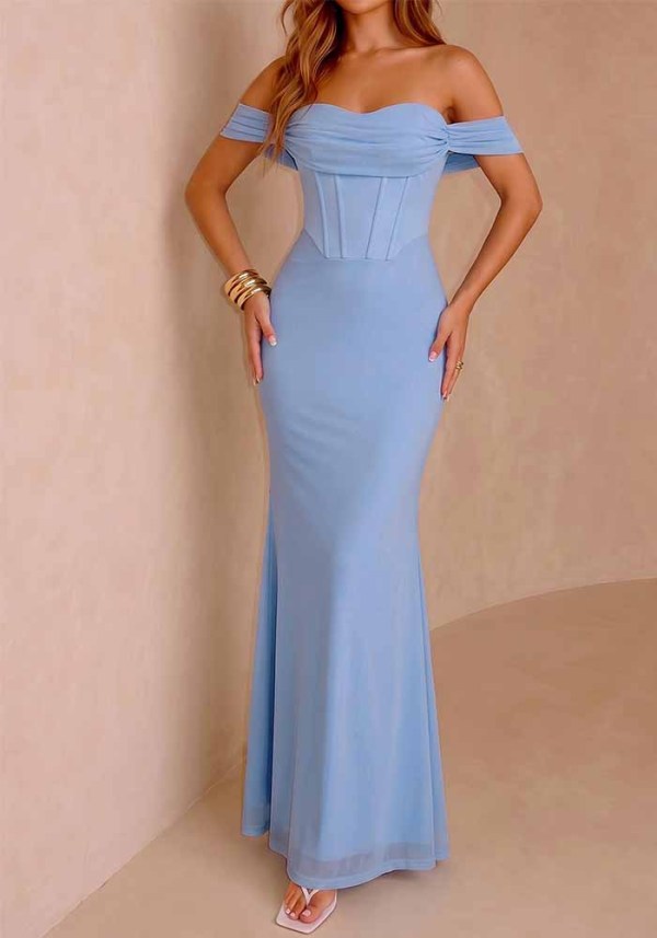 Women’s Summer Sexy Mesh Off Shoulder Slim Waist Maxi Dress