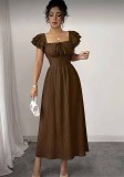 Women’s Brown Textured Square Neck Tie Waist Double Ruffle Sleeve Maxi Dress